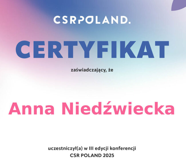 certyfikat za udział w konferencji CSR Poland 2025